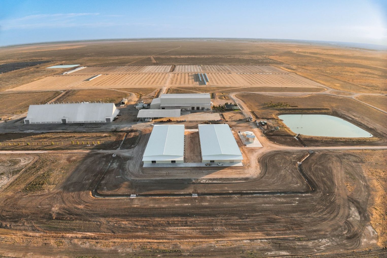 Aerial view of the Australian Food & Fibre Hay gin site and storage sheds in the Murrumbidgee Valley, Australia's largest cotton producer