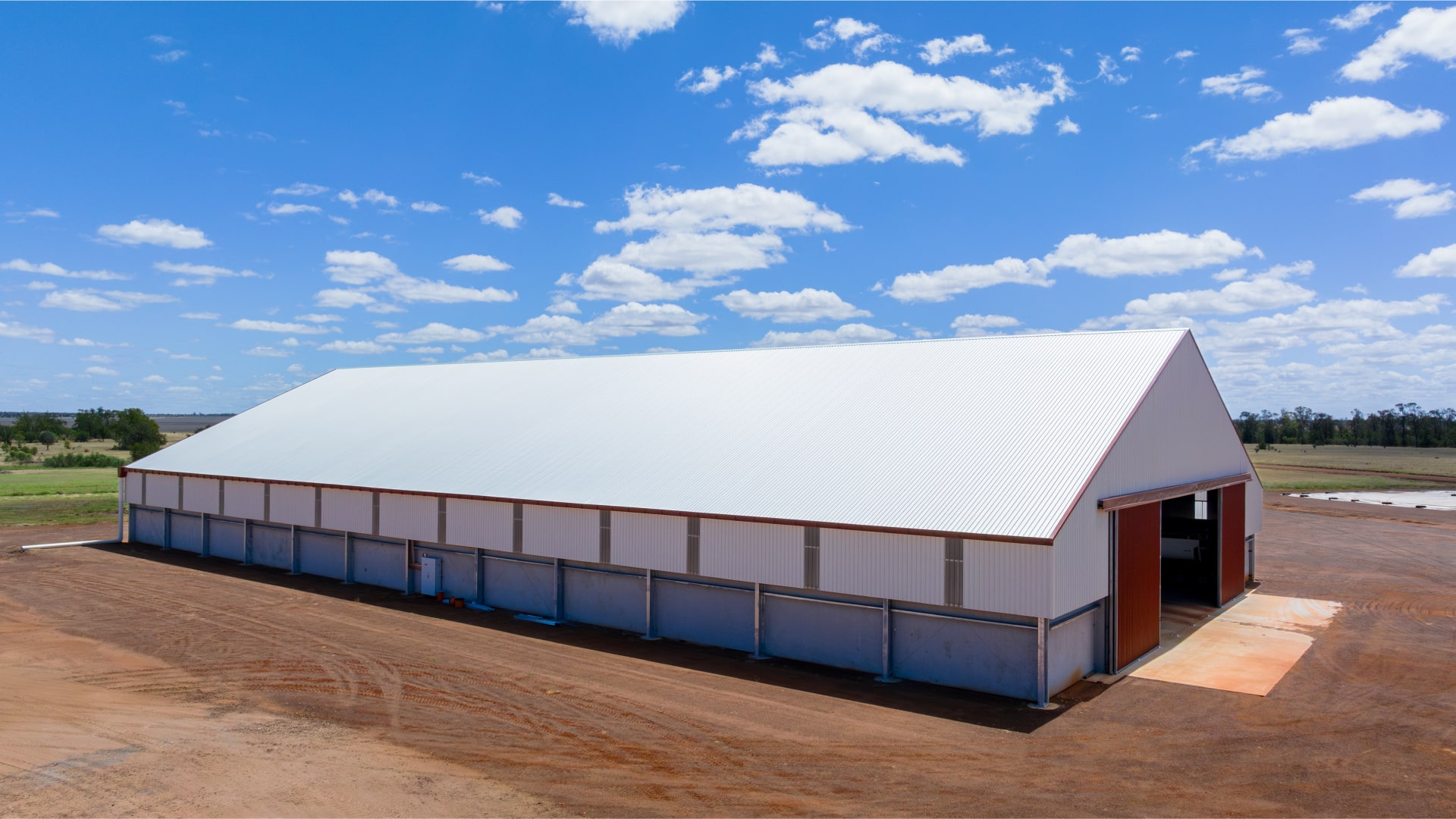 17000 tonne large grain storage shed with concrete slab and dado panels, designed for efficient seed, fertiliser, and bulk commodity handling, delivered by Entegra.